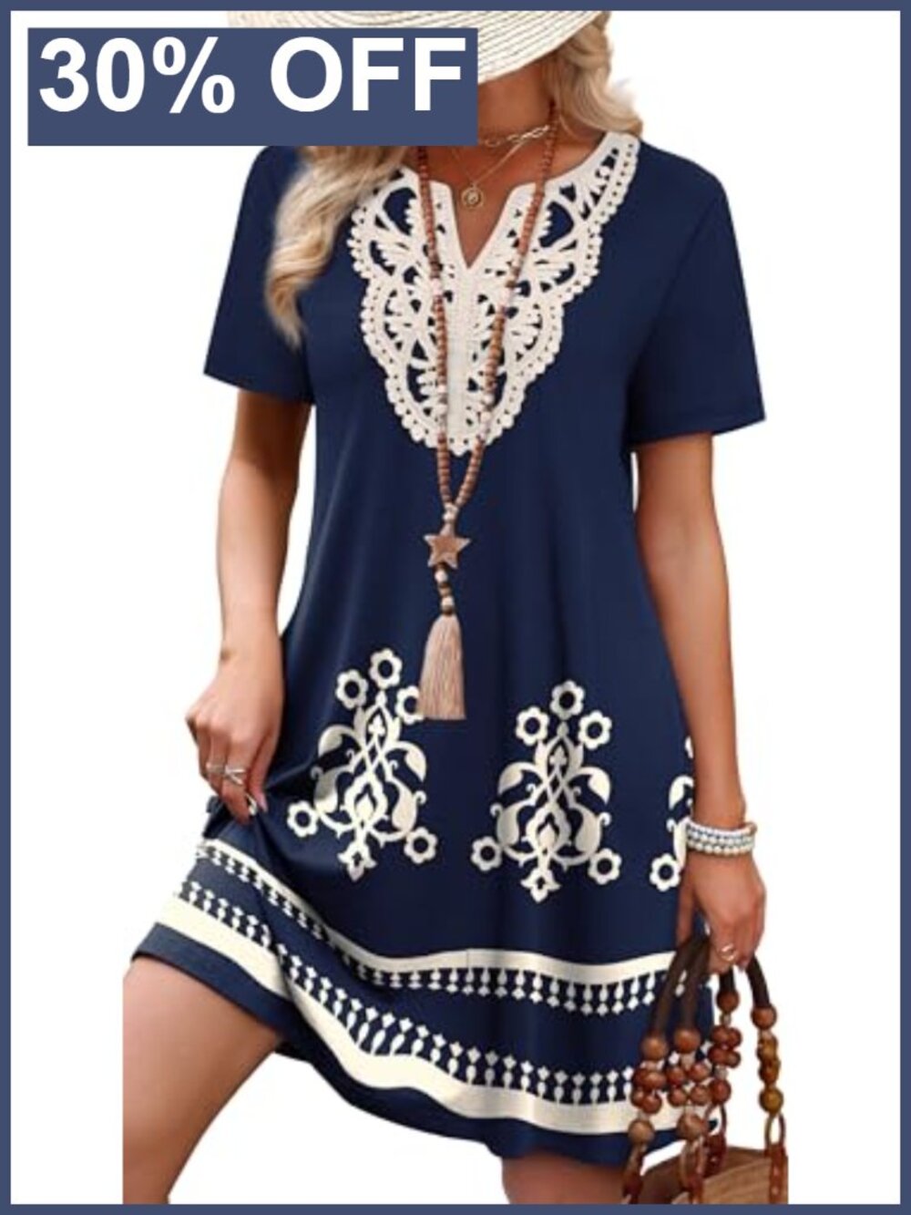 Women's Lace V-Neck Short Sleeve Midi T-Shirt Dress